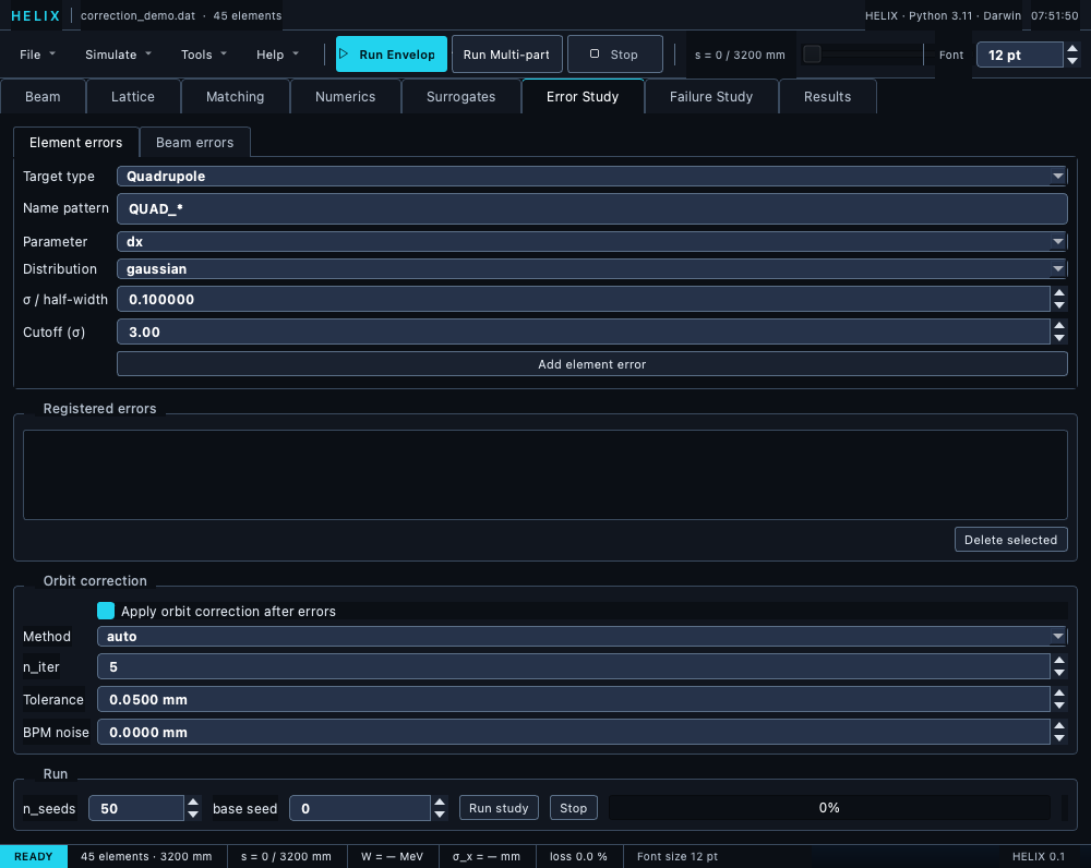 Error Study tab with a QUAD_* dx error spec ready to add and the
Orbit-correction group enabled